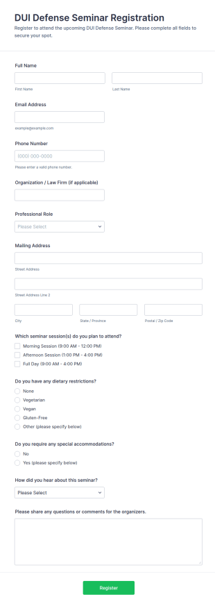 DUI Defense Seminar Registration Form Template