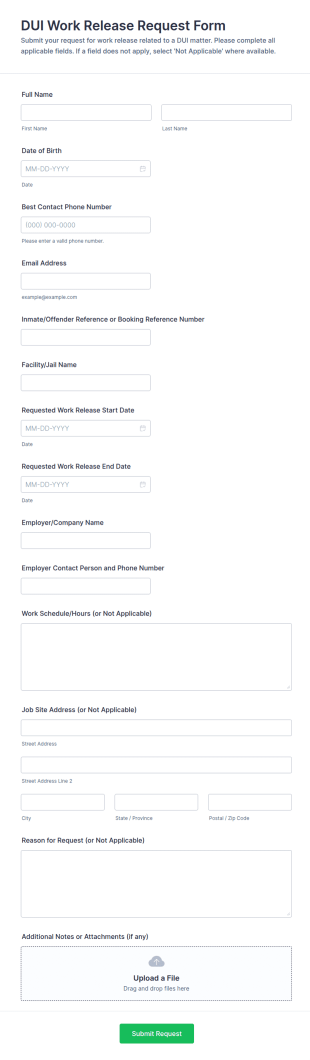 DUI Work Release Request Form Template