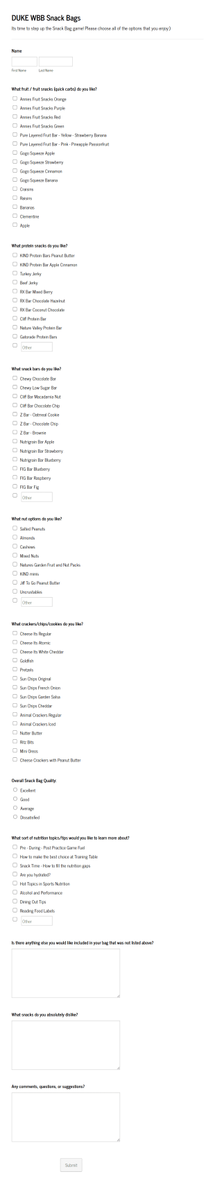 Snack Bag Survey Template Form Template