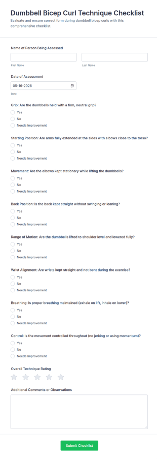 Dumbbell Bicep Curl Technique Checklist Form Template