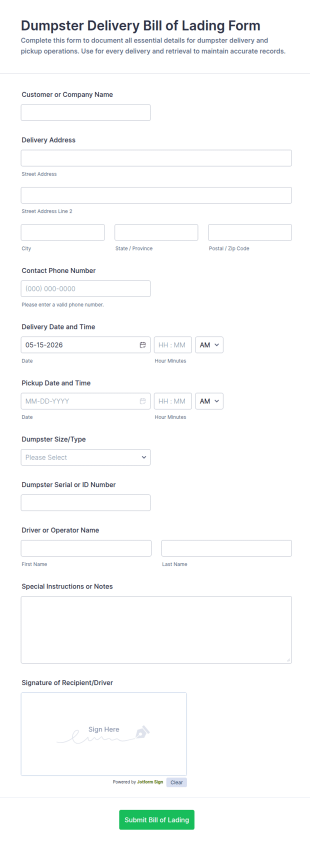 Dumpster Delivery Bill Of Lading Form Template