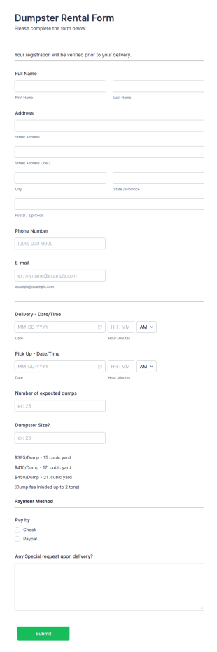 Dumpster Rental Form Template