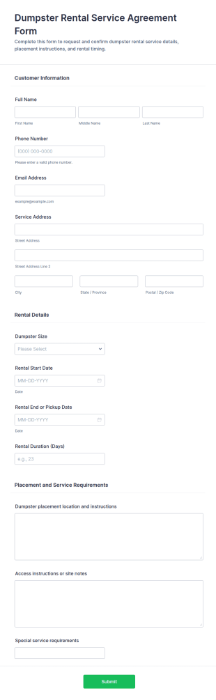 Dumpster Rental Service Agreement Form Template