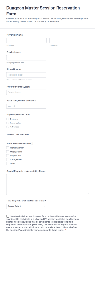Dungeon Master Session Reservation Form Template