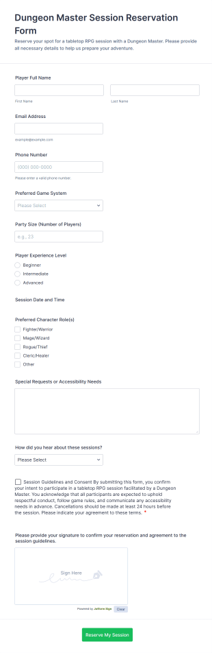 Dungeon Master Session Reservation Form Template