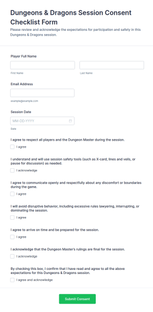 Dungeons & Dragons Session Consent Checklist Form Template