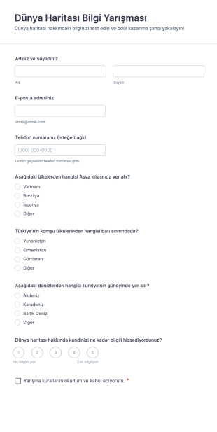 Dünya Haritası Bilgi Yarışması Form Şablonu