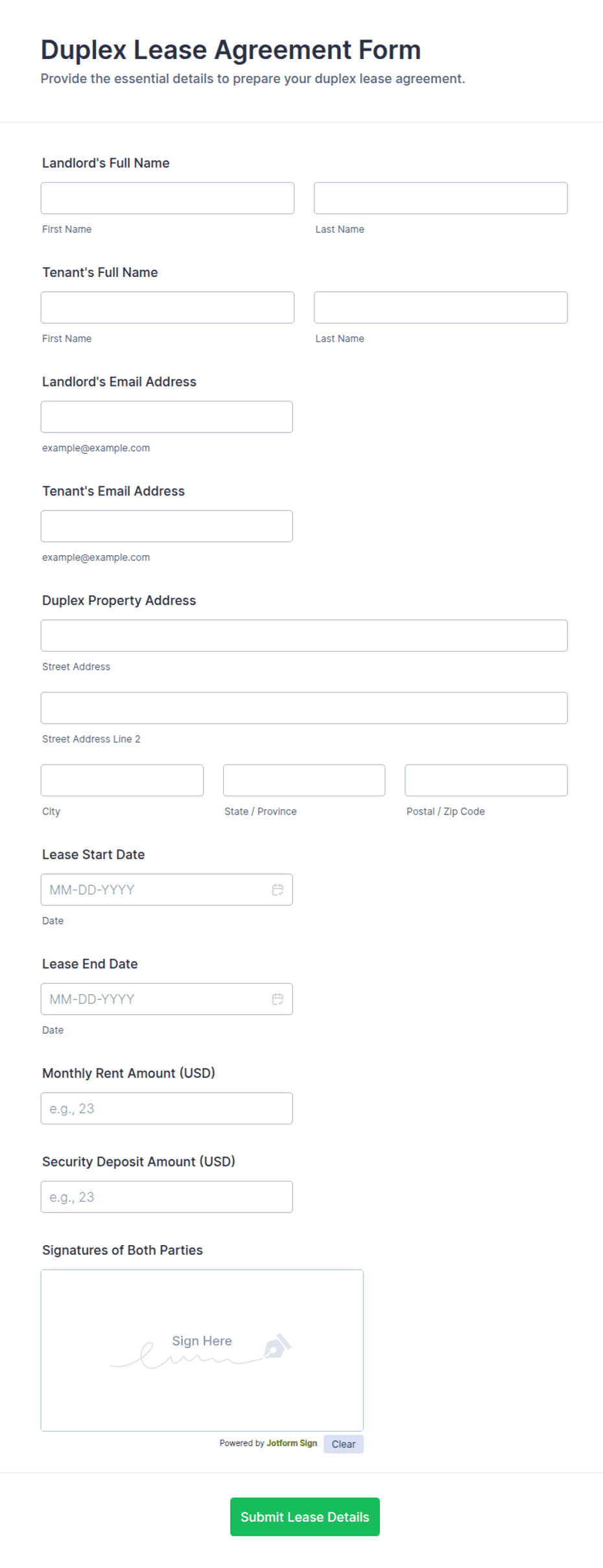 Duplex Lease Agreement Form Template | Jotform