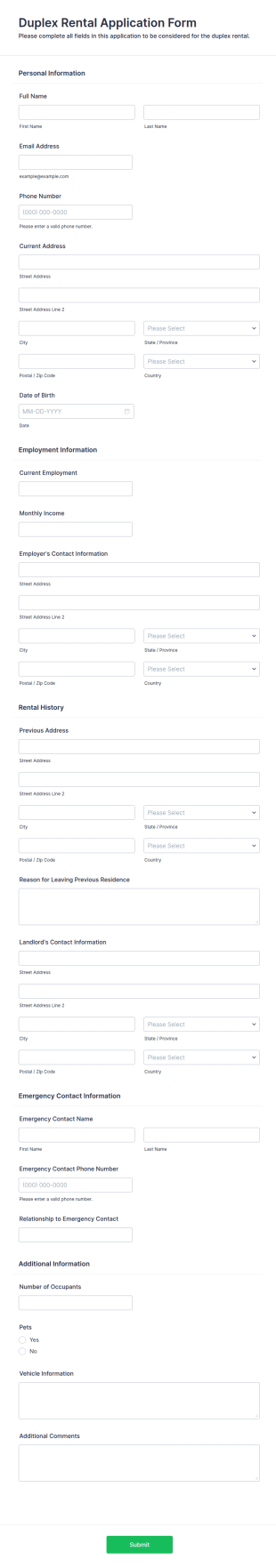 Duplex Rental Application Form Template