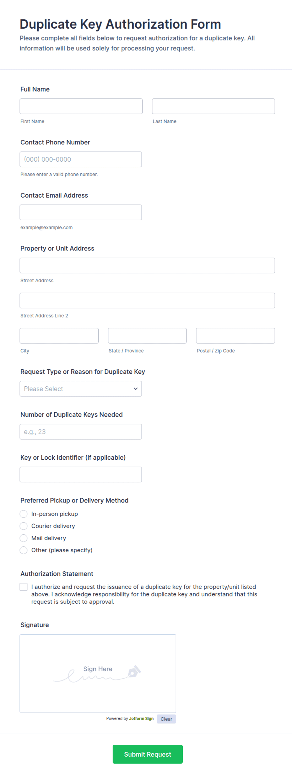 Duplicate Key Authorization Form Template | Jotform