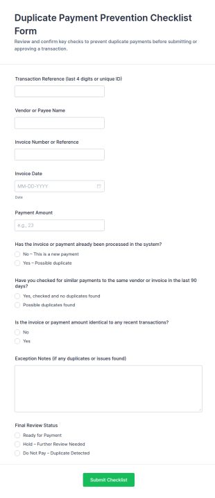 Duplicate Payment Prevention Checklist Form Template