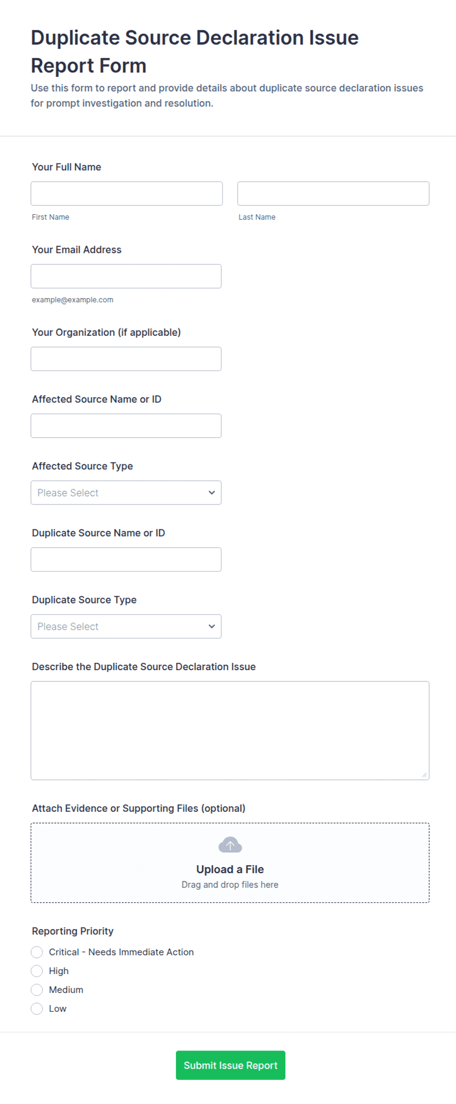 Duplicate Source Declaration Issue Report Form Template | Jotform