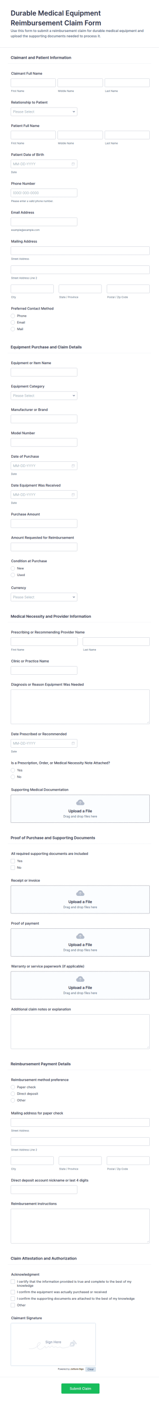 Durable Medical Equipment Reimbursement Claim Form Template