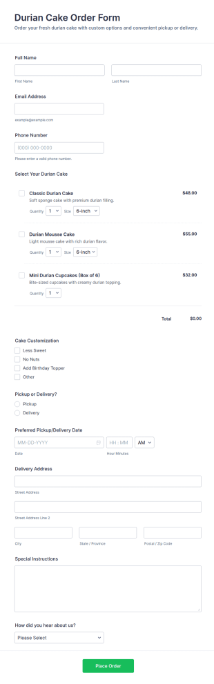 Durian Cake Order Form Template
