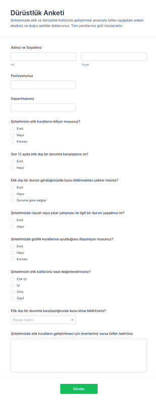 Dürüstlük Anketi Form Şablonu