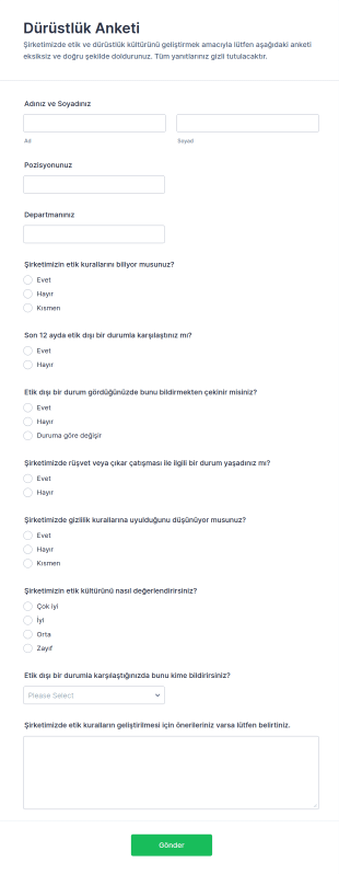 Dürüstlük Anketi Form Şablonu