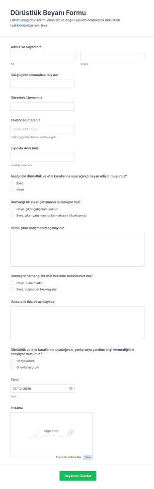 Dürüstlük Beyanı Form Şablonu