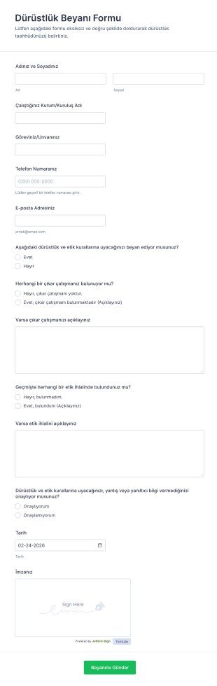 Dürüstlük Beyanı Form Şablonu