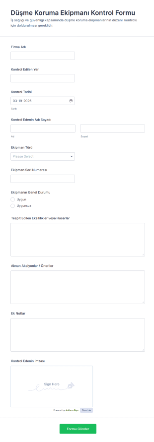 Düşme Koruma Ekipmanı Kontrol Form Şablonu