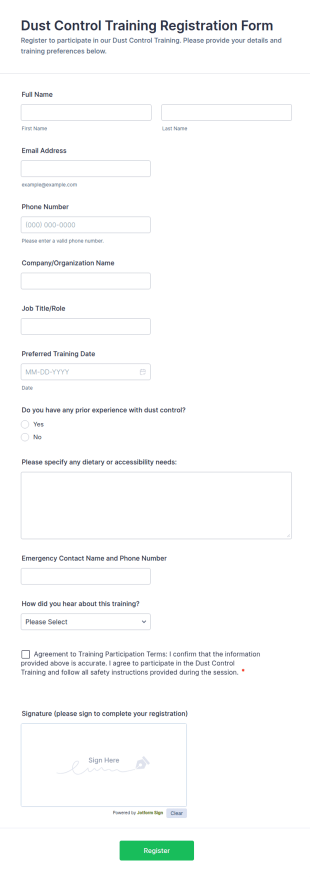 Dust Control Training Registration Form Template
