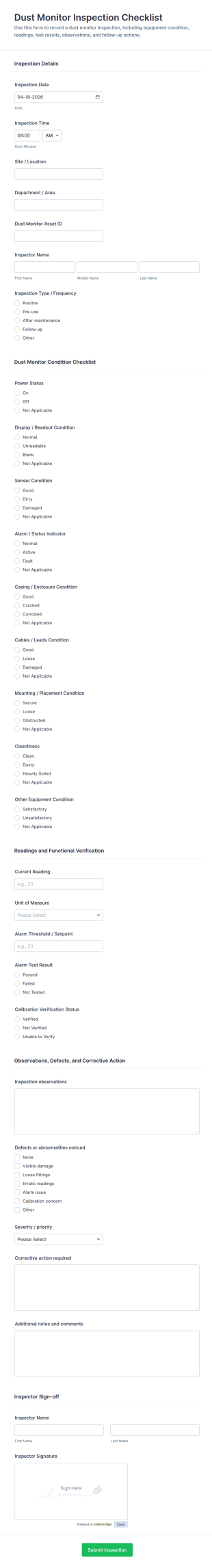 Dust Monitor Inspection Checklist Form Template