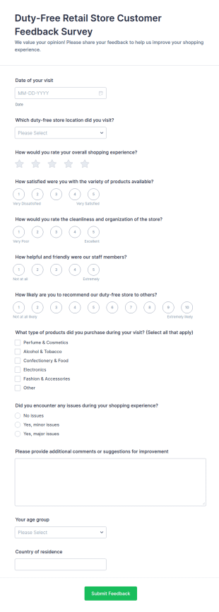 Duty Free Retail Store Customer Feedback Survey Form Template
