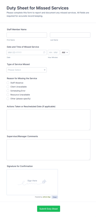 Duty Sheet For Missed Services Form Template