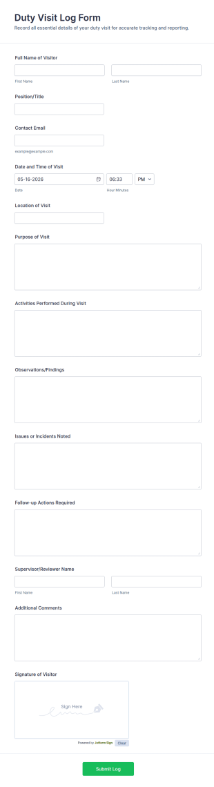 Duty Visit Log Form Template