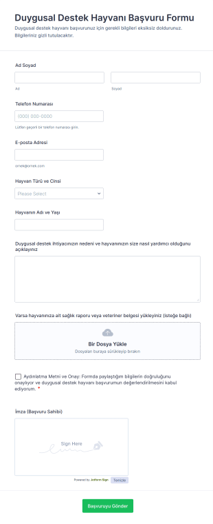 Duygusal Destek Hayvanı Başvuru Form Template
