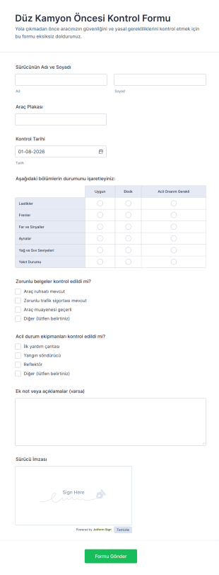Düz Kamyon Öncesi Kontrol Form Şablonu
