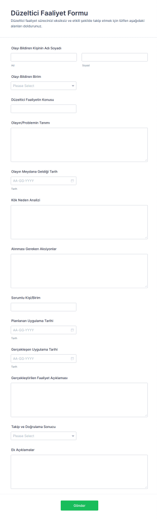 Düzeltici Faaliyet Form Template
