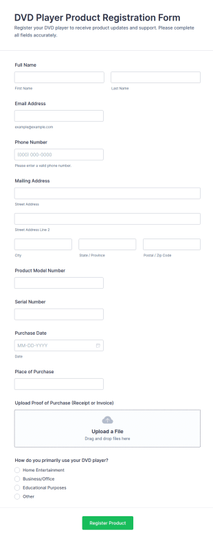 DVD Player Product Registration Form Template