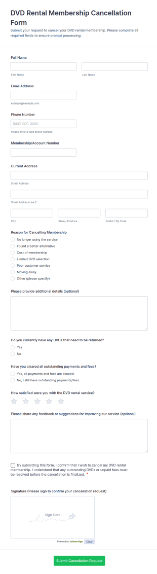 DVD Rental Membership Cancellation Form Template