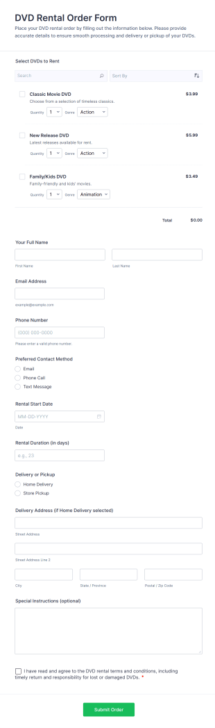 DVD Rental Order Form Template