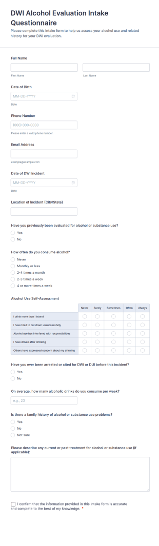 DWI Alcohol Evaluation Intake Questionnaire Form Template