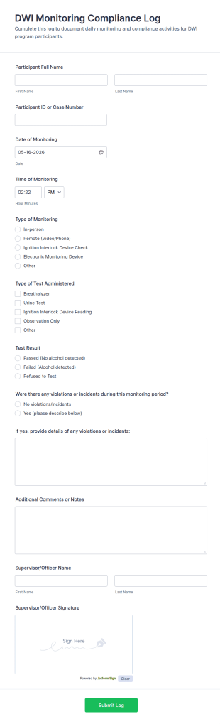DWI Monitoring Compliance Log Form Template