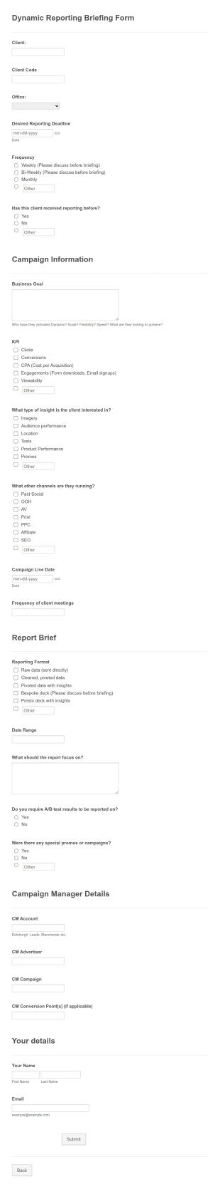 Dynamic Reporting Briefing Form Template