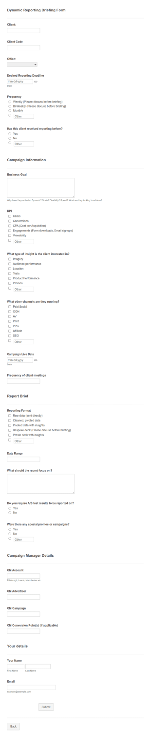 Dynamic Reporting Briefing Form Template