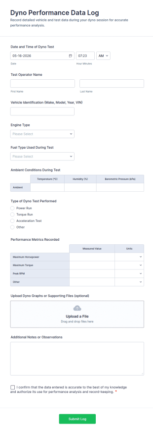 Dyno Performance Data Log Form Template