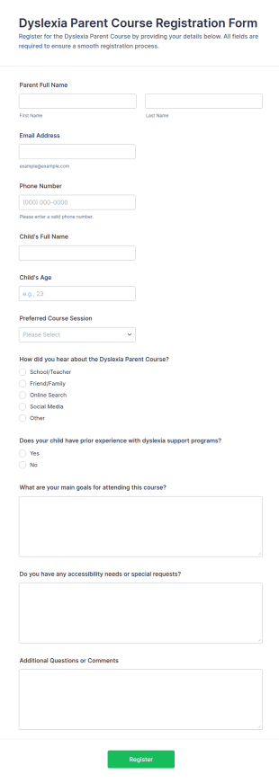 Dyslexia Parent Course Registration Form Template