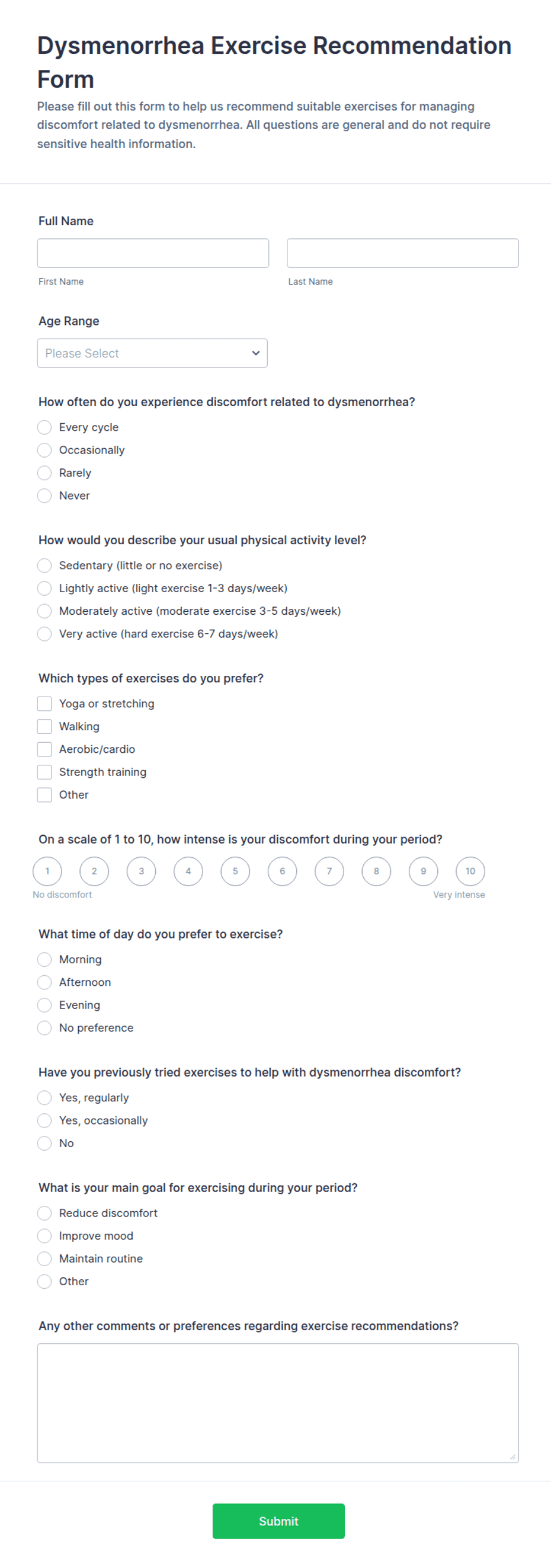 Dysmenorrhea Exercise Recommendation Form Template | Jotform