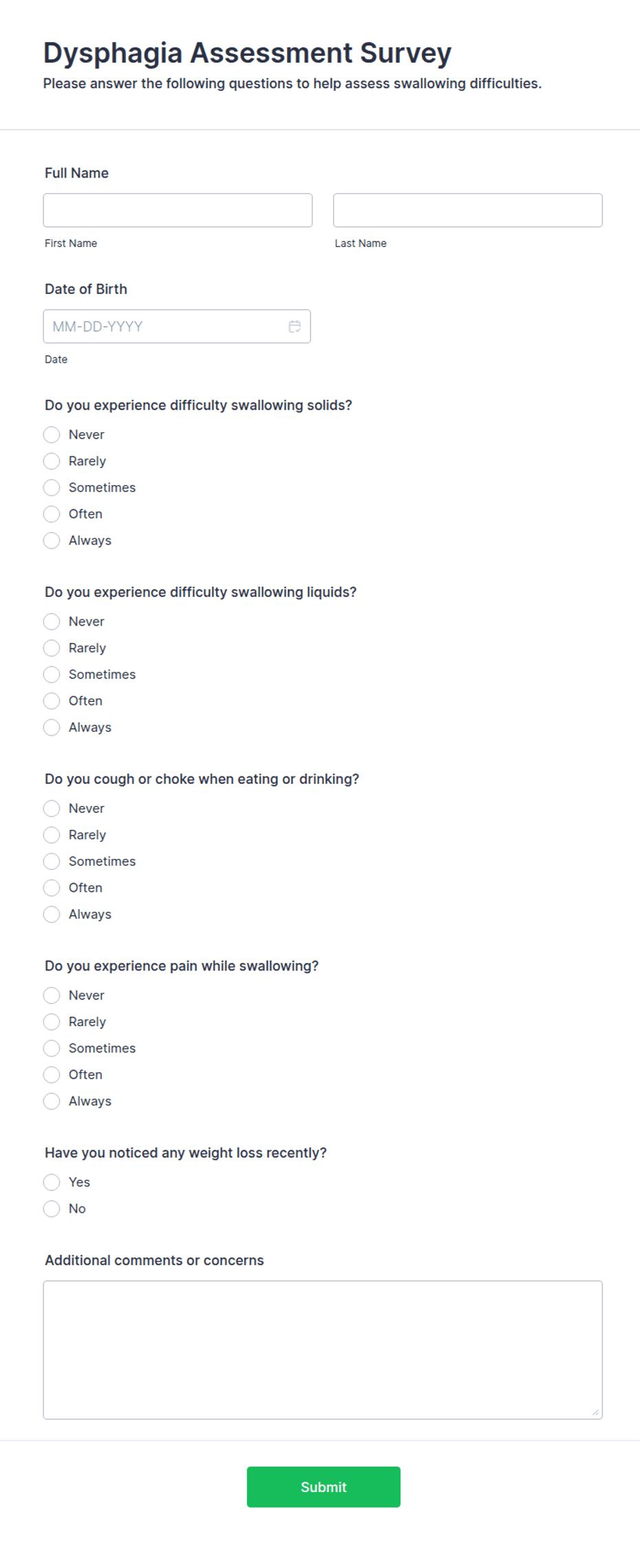 Dymus Questionnaire.pdf Dysphagia Assessment Survey Form Template | Jotform