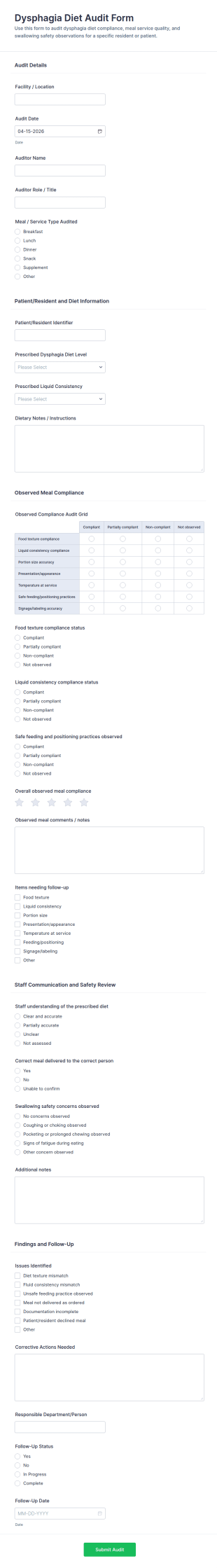 Dysphagia Diet Audit Form Template
