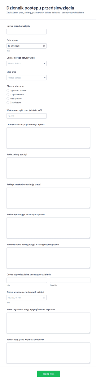 Dziennik Postępu Projektu Formularz