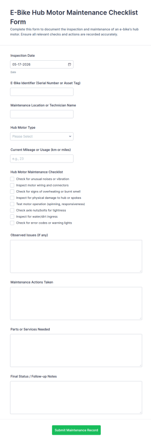E Bike Hub Motor Maintenance Checklist Form Template
