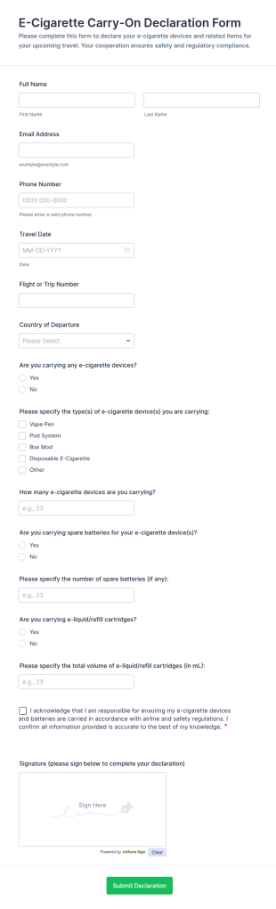 E Cigarette Carry On Declaration Form Template