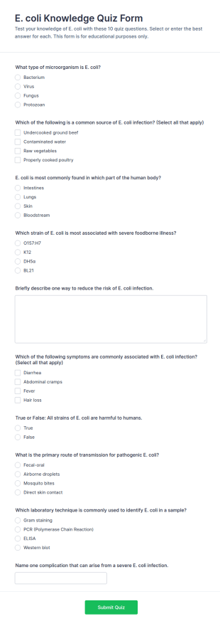 E. Coli Knowledge Quiz Form Template