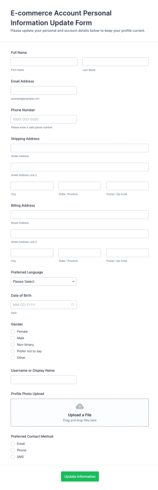 E Commerce Account Personal Information Update Form Template