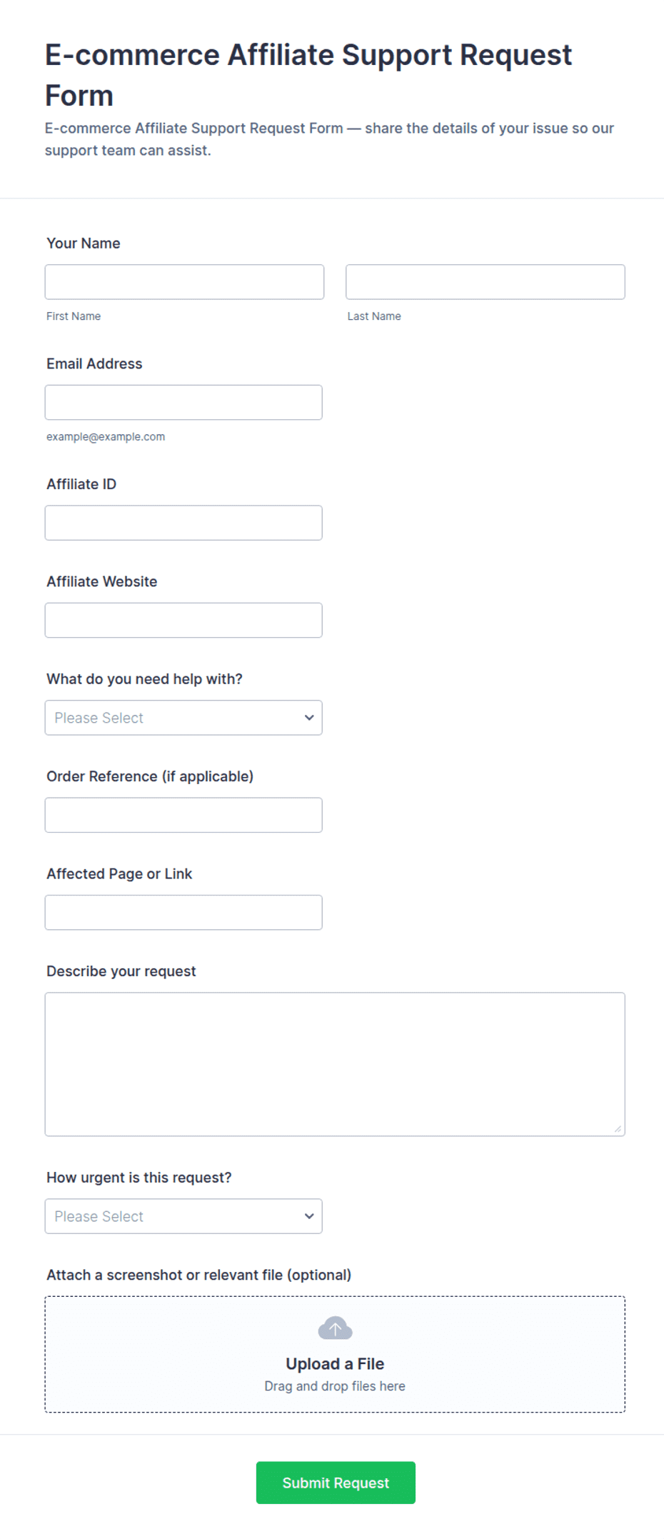 E-commerce Affiliate Support Request Form Template | Jotform