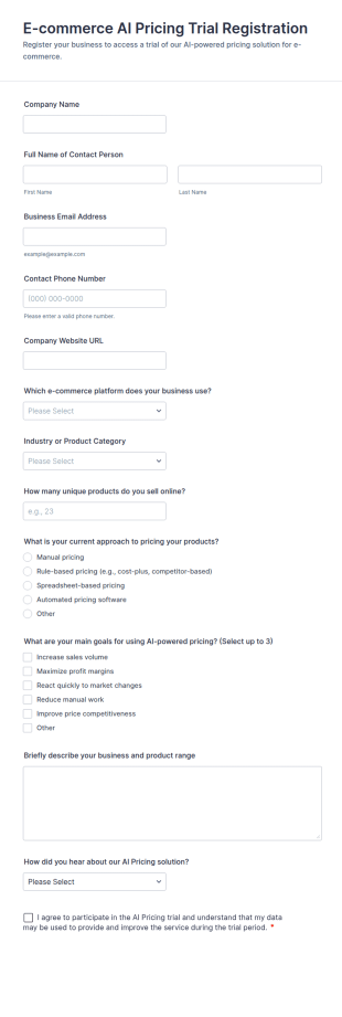 E Commerce AI Pricing Trial Registration Form Template